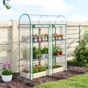 Serre de Jardin avec Étagères 3 Niveaux à Toit Arrondi, Petite Serre de Balcon en Bâche PVC et Châssis Acier, 2 Portes Roulantes, pour Légumes Plantes Fleurs, 143 x 46 x 165 cm, Transparent