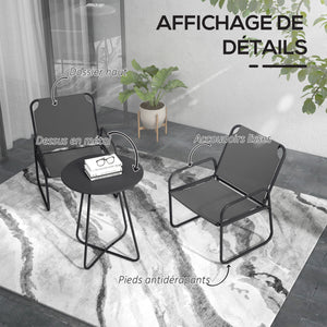 Ensemble de jardin 3 pièces, salon de jardin, 2 fauteuils 1 table ronde, acier et tissu respirant, gris