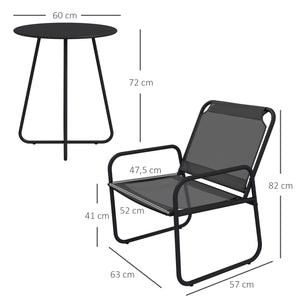 Ensemble de jardin 3 pièces, salon de jardin, 2 fauteuils 1 table ronde, acier et tissu respirant, gris