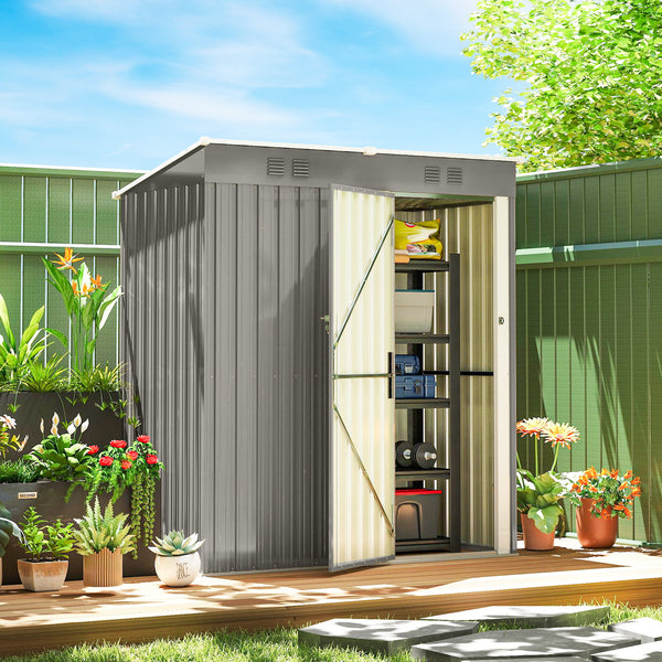 Abri de Jardin en Métal 1,37m² 163x90x179cm, Acier Galvanisé - Armoire de Jardin Adossable avec 2 Grilles d'Aération et Toit Incliné Anti-UV - Cabanon de Stockage pour Outils, Gris Clair