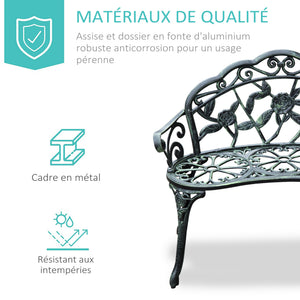 Banc de Jardin 2 Places Style néo-rétro Motif Rose Lignes fuselées 100L x 54l x 78H cm Fonte d'aluminium Vert Vieilli