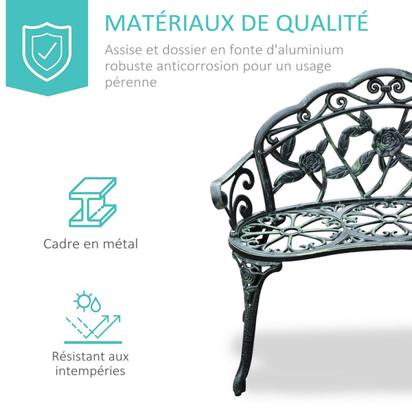 Banc de Jardin 2 Places Style néo-rétro Motif Rose Lignes fuselées 100L x 54l x 78H cm Fonte d'aluminium Vert Vieilli
