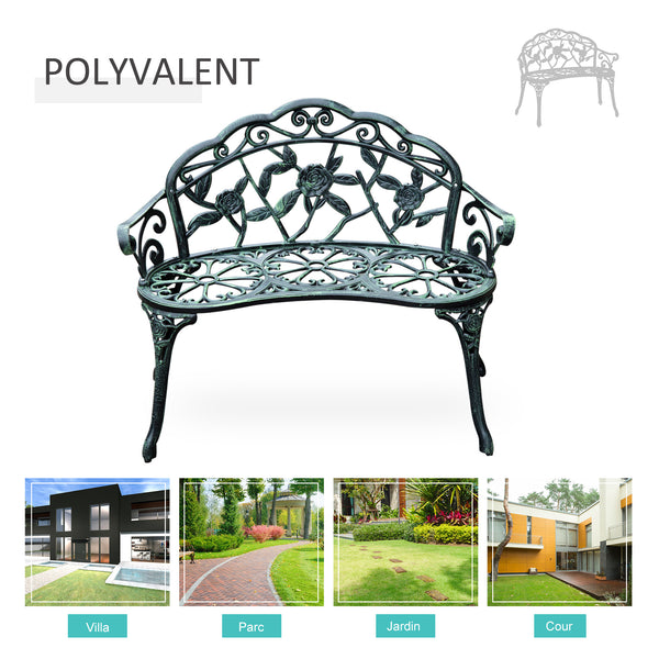 Banc de Jardin 2 Places Style néo-rétro Motif Rose Lignes fuselées 100L x 54l x 78H cm Fonte d'aluminium Vert Vieilli