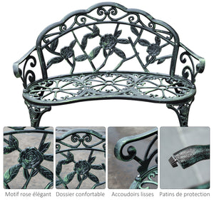 Banc de Jardin 2 Places Style néo-rétro Motif Rose Lignes fuselées 100L x 54l x 78H cm Fonte d'aluminium Vert Vieilli