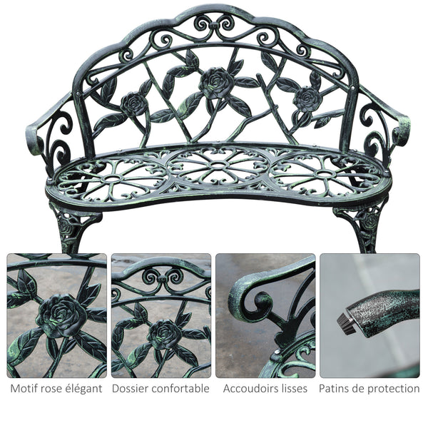 Banc de Jardin 2 Places Style néo-rétro Motif Rose Lignes fuselées 100L x 54l x 78H cm Fonte d'aluminium Vert Vieilli