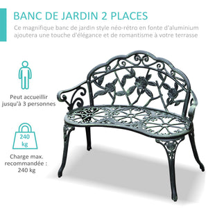 Banc de Jardin 2 Places Style néo-rétro Motif Rose Lignes fuselées 100L x 54l x 78H cm Fonte d'aluminium Vert Vieilli
