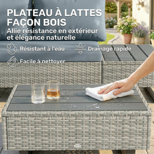 Salon de Jardin d'Angle 5 Places en Résine Tressée - Canapé Extérieur Modulable avec Méridienne Réglable - Ensemble Mobilier de Terrasse avec Table en Composite, Gris