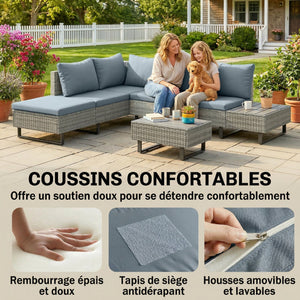 Salon de Jardin d'Angle 5 Places en Résine Tressée - Canapé Extérieur Modulable avec Méridienne Réglable - Ensemble Mobilier de Terrasse avec Table en Composite, Gris