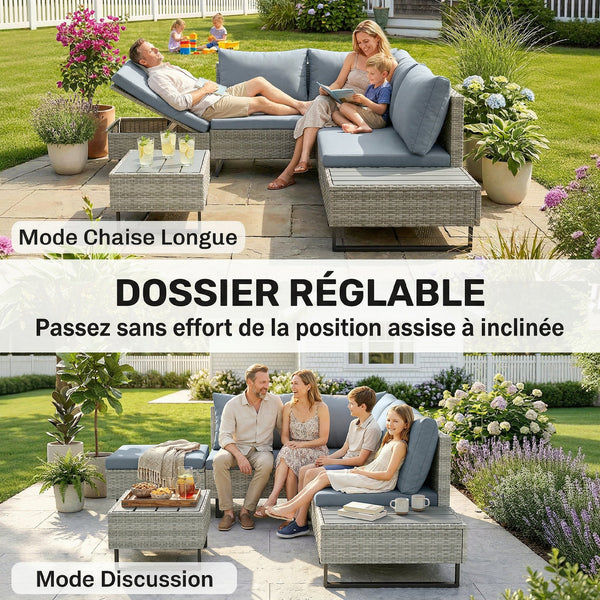 Salon de Jardin d'Angle 5 Places en Résine Tressée - Canapé Extérieur Modulable avec Méridienne Réglable - Ensemble Mobilier de Terrasse avec Table en Composite, Gris