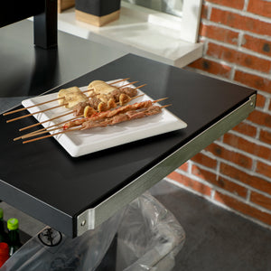 Chariot desserte pour barbecue plancha avec plateau en inox, multi-équipements, 6 crochets, tablette rabattable, 3 étages, 2 roulettes