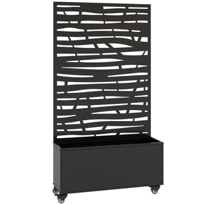 Jardinière avec treillis, bac à fleurs en métal, lit surélevé avec brise-vue et roues, treillis découpé en lattes pour plantes grimpantes, légumes, fleurs, 90 x 30 x 160 cm, noir