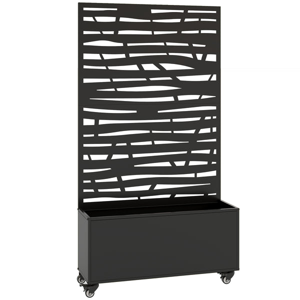 Jardinière avec treillis, bac à fleurs en métal, lit surélevé avec brise-vue et roues, treillis découpé en lattes pour plantes grimpantes, légumes, fleurs, 90 x 30 x 160 cm, noir