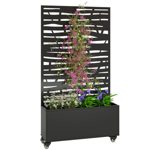 Jardinière avec treillis, bac à fleurs en métal, lit surélevé avec brise-vue et roues, treillis découpé en lattes pour plantes grimpantes, légumes, fleurs, 90 x 30 x 160 cm, noir