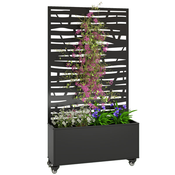 Jardinière avec treillis, bac à fleurs en métal, lit surélevé avec brise-vue et roues, treillis découpé en lattes pour plantes grimpantes, légumes, fleurs, 90 x 30 x 160 cm, noir
