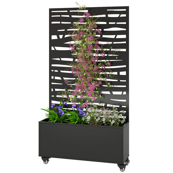 Jardinière avec treillis, bac à fleurs en métal, lit surélevé avec brise-vue et roues, treillis découpé en lattes pour plantes grimpantes, légumes, fleurs, 90 x 30 x 160 cm, noir