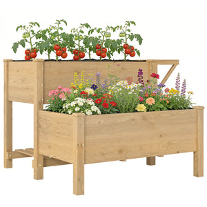 Potager sur Pieds à 2 niveaux, Jardinières surélevées avec étagères en bois avec doublure et trous de drainage pour fleurs et légumes, 119,5 x 102 x 76,5 cm, marron clair