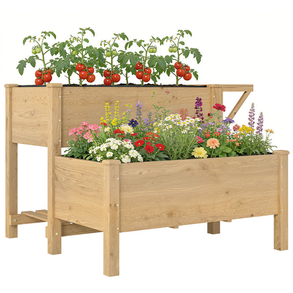 Potager sur Pieds à 2 niveaux, Jardinières surélevées avec étagères en bois avec doublure et trous de drainage pour fleurs et légumes, 119,5 x 102 x 76,5 cm, marron clair