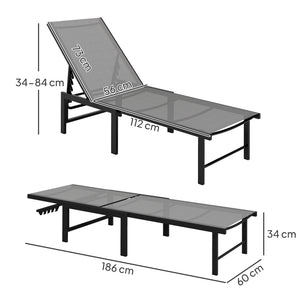 Bain de soleil, chaise longue jardin extérieur, dossier inclinable sur 5 positions, transat avec assise en textilène, structure en acier pour terrasse et plage, gris