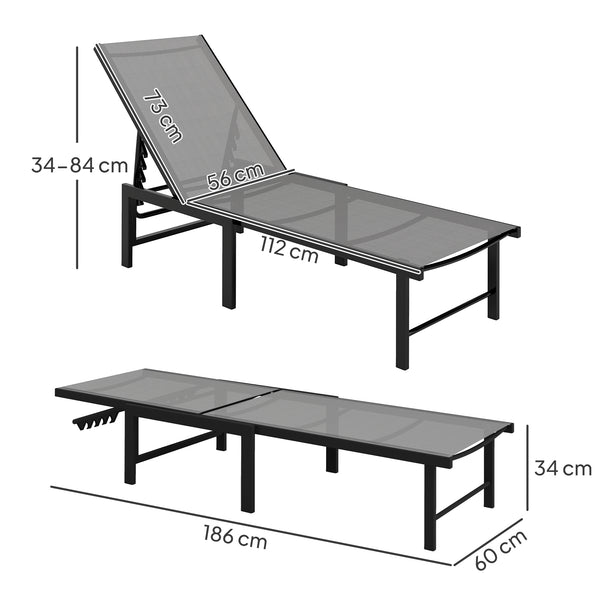 Bain de soleil, chaise longue jardin extérieur, dossier inclinable sur 5 positions, transat avec assise en textilène, structure en acier pour terrasse et plage, gris