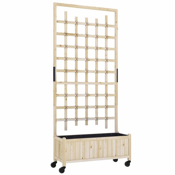 Jardinière avec treillis, bac à fleurs avec roues, lit surélevé, pour plantes grimpantes, légumes, fleurs, bois massif, intérieur et extérieur, cour jardin balcon, 82,5x35x186cm, bois naturel