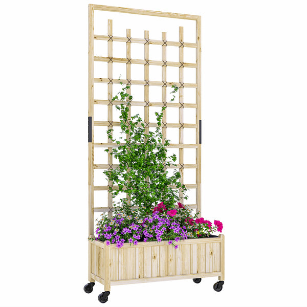 Jardinière avec treillis, bac à fleurs avec roues, lit surélevé, pour plantes grimpantes, légumes, fleurs, bois massif, intérieur et extérieur, cour jardin balcon, 82,5x35x186cm, bois naturel