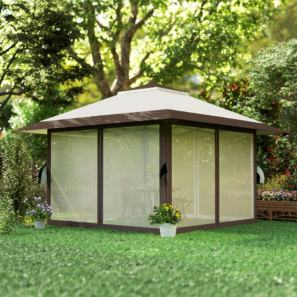 Pavillon 4x4m Étanche Ajustable en Hauteur Pop-up Pavillon Pliable avec Parois en Filet Protection UV 50+ Tente de Fête Jardin avec Sac de Transport Sacs de Sable Pavillon de Jardin pour Camping Jardin Festival, Beige