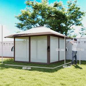 Pavillon 4x4m Étanche Ajustable en Hauteur Pop-up Pavillon Pliable avec Parois en Filet Protection UV 50+ Tente de Fête Jardin avec Sac de Transport Sacs de Sable Pavillon de Jardin pour Camping Jardin Festival, Beige