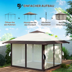 Pavillon 4x4m Étanche Ajustable en Hauteur Pop-up Pavillon Pliable avec Parois en Filet Protection UV 50+ Tente de Fête Jardin avec Sac de Transport Sacs de Sable Pavillon de Jardin pour Camping Jardin Festival, Beige