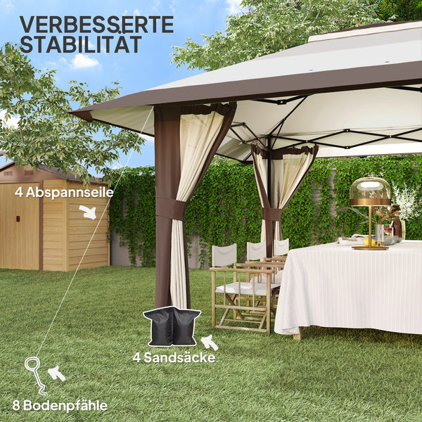 Pavillon 4x4m Étanche Ajustable en Hauteur Pop-up Pavillon Pliable avec Parois en Filet Protection UV 50+ Tente de Fête Jardin avec Sac de Transport Sacs de Sable Pavillon de Jardin pour Camping Jardin Festival, Beige