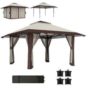 Pavillon 4x4m Étanche Ajustable en Hauteur Pop-up Pavillon Pliable avec Parois en Filet Protection UV 50+ Tente de Fête Jardin avec Sac de Transport Sacs de Sable Pavillon de Jardin pour Camping Jardin Festival, Beige