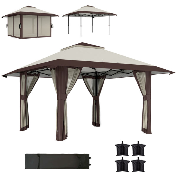 Pavillon 4x4m Étanche Ajustable en Hauteur Pop-up Pavillon Pliable avec Parois en Filet Protection UV 50+ Tente de Fête Jardin avec Sac de Transport Sacs de Sable Pavillon de Jardin pour Camping Jardin Festival, Beige