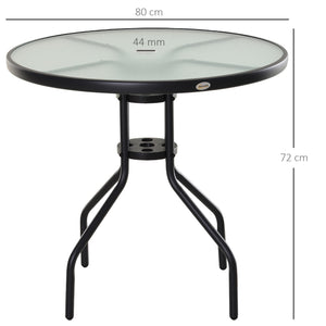 Table Ronde Bistro de Jardin dim. Ø 80 x 72H cm Espace Installation Parasol Acier époxy Noir Plateau Verre trempé