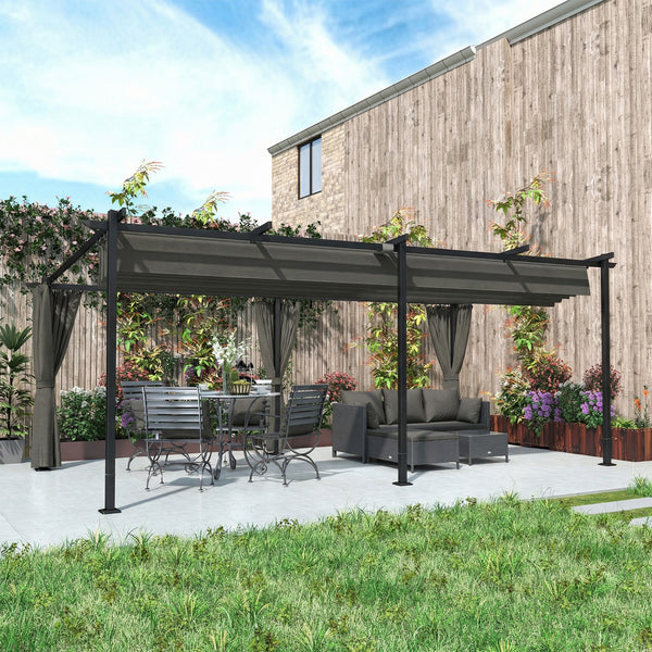 Pergola rétractable 3 x 6 m avec rideaux latéraux, tonnelle de jardin en métal avec protection solaire UPF30+, abri pour terrasse, patio, gris foncé