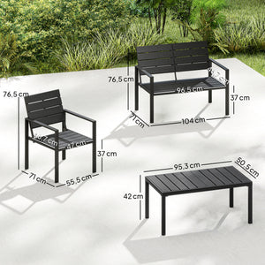 Salon de jardin extérieur 4 pièces avec canapé 2 places, 2 chaises et table basse, mobilier de jardin terrasse veranda, noir