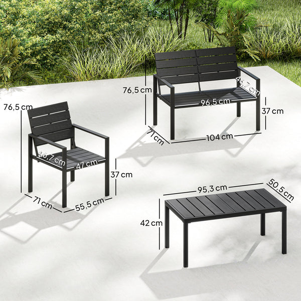 Salon de jardin extérieur 4 pièces avec canapé 2 places, 2 chaises et table basse, mobilier de jardin terrasse veranda, noir