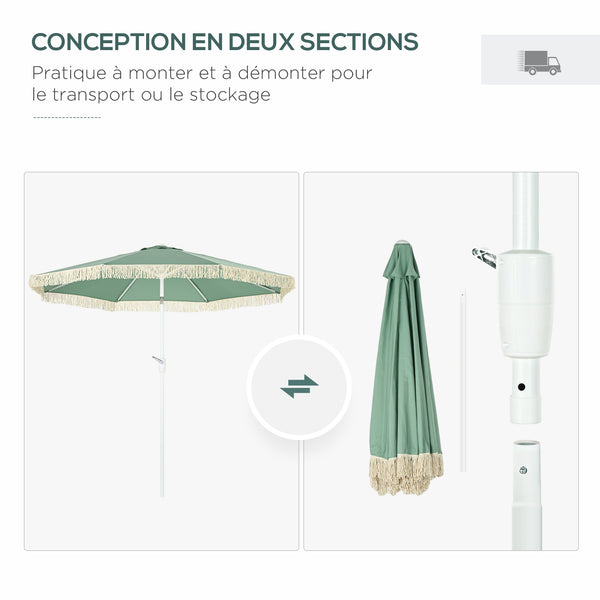 Parasol de jardin parasol extérieur inclinable à franges avec manivelle 8 baleines dim. Ø 2,65 x 2,45 H m vert