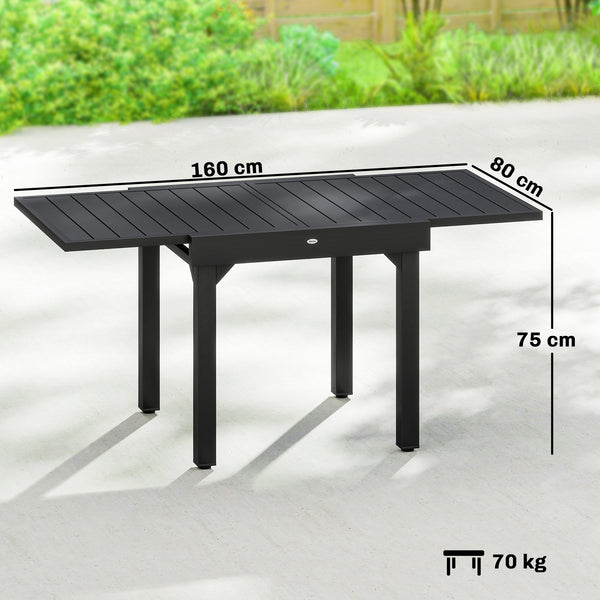 Table de jardin extensible pour 4 à 6 personnes, 160/80 x 80 x 75 cm, table à manger extérieure en aluminium avec plateau à lattes, pieds en acier, pour terrasse, balcon, patio, noir