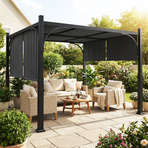 Pergola de jardin 3 x 3 m, tonnelle de jardin avec Auvent coulissant, structure métallique, abri solaire extérieur pour terrasse ou balcon, Gris Foncé