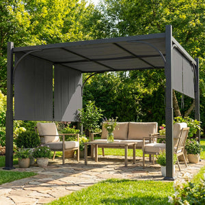 Pergola de jardin 3 x 3 m, tonnelle de jardin avec Auvent coulissant, structure métallique, abri solaire extérieur pour terrasse ou balcon, Gris Foncé