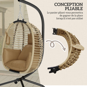 Fauteuil œuf Suspendu balancelle Pliante avec Coussin et Support Usage intérieur extérieur métal corde en polypropylène dim. 110L x 100l x 188H cm beige