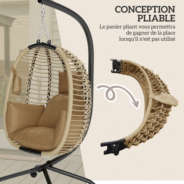 Fauteuil œuf Suspendu balancelle Pliante avec Coussin et Support Usage intérieur extérieur métal corde en polypropylène dim. 110L x 100l x 188H cm beige