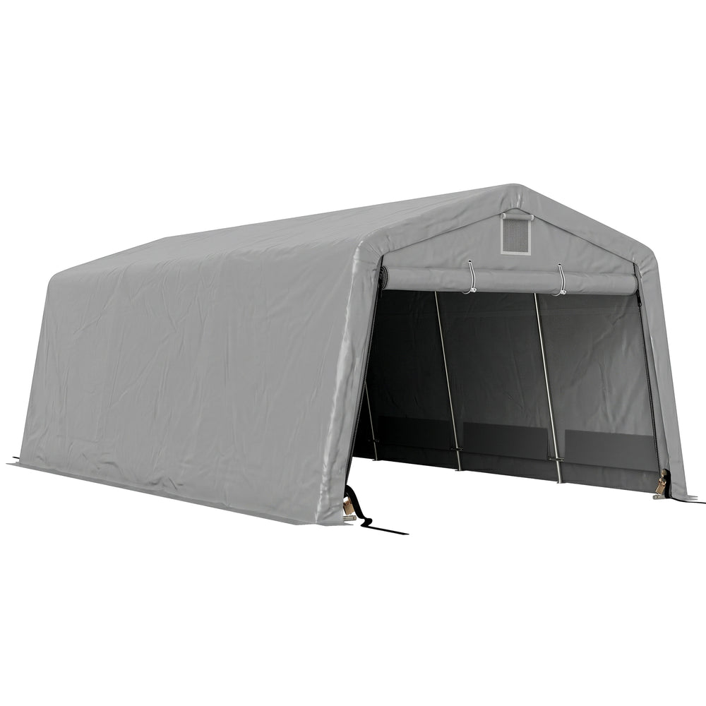 Tente garage carport dim. 6,2L x 3,3l x 2,4H m acier galvanisé robuste PE haute densité 150 g/m² imperméable anti-UV, 1 porte gris clair et 2 aérations