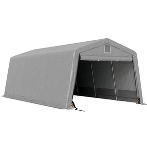 Tente garage carport dim. 6,2L x 3,3l x 2,4H m acier galvanisé robuste PE haute densité 150 g/m² imperméable anti-UV, 1 porte gris clair et 2 aérations