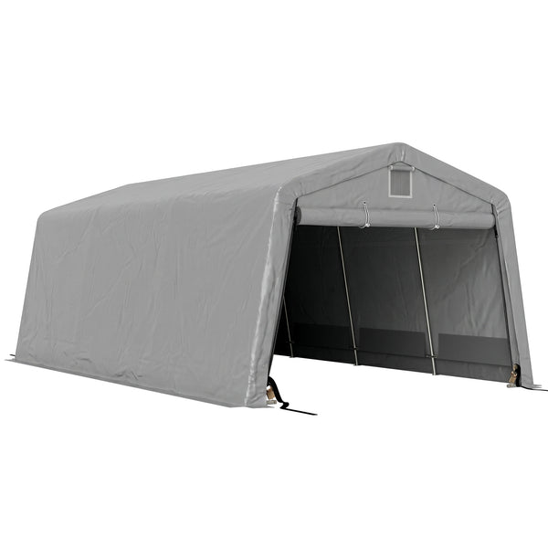 Tente garage carport dim. 6,2L x 3,3l x 2,4H m acier galvanisé robuste PE haute densité 150 g/m² imperméable anti-UV, 1 porte gris clair et 2 aérations