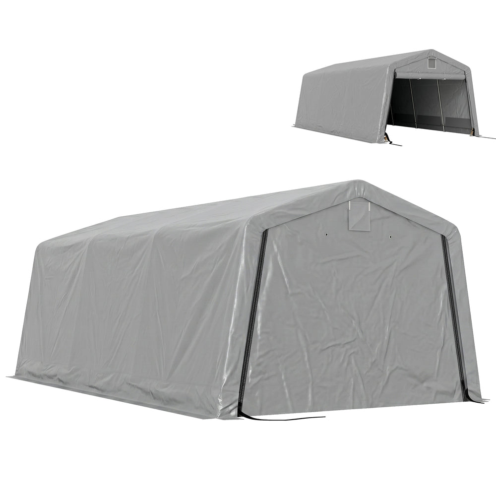 Tente garage carport dim. 6,2L x 3,3l x 2,4H m acier galvanisé robuste PE haute densité 150 g/m² imperméable anti-UV, 1 porte gris clair et 2 aérations