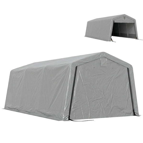 Tente garage carport dim. 6,2L x 3,3l x 2,4H m acier galvanisé robuste PE haute densité 150 g/m² imperméable anti-UV, 1 porte gris clair et 2 aérations