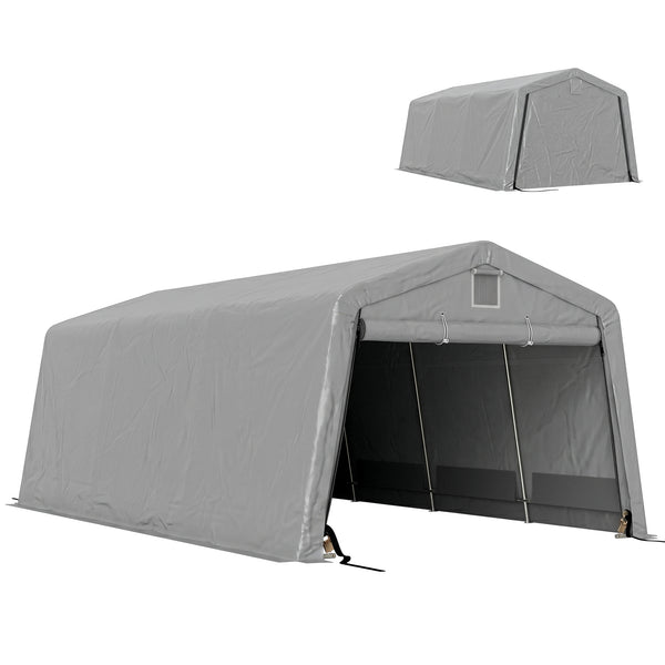 Tente garage carport dim. 6,2L x 3,3l x 2,4H m acier galvanisé robuste PE haute densité 150 g/m² imperméable anti-UV, 1 porte gris clair et 2 aérations