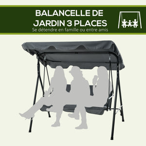 Balancelle de Jardin 3 Places Toit Inclinaison réglable Coussins Assise et Dossier 1,72L x 1,1l x 1,53H m Acier Noir Polyester Gris