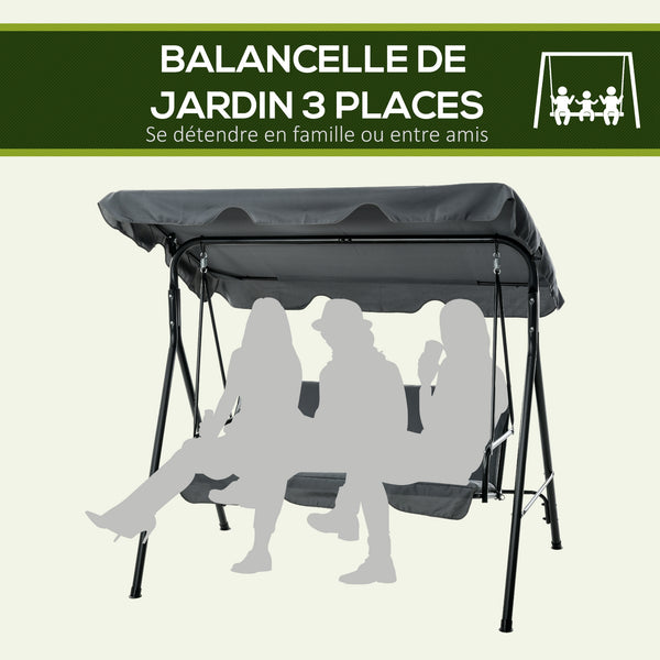 Balancelle de Jardin 3 Places Toit Inclinaison réglable Coussins Assise et Dossier 1,72L x 1,1l x 1,53H m Acier Noir Polyester Gris