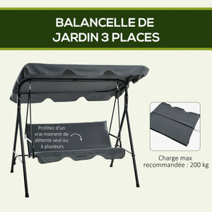 Balancelle de Jardin 3 Places Toit Inclinaison réglable Coussins Assise et Dossier 1,72L x 1,1l x 1,53H m Acier Noir Polyester Gris